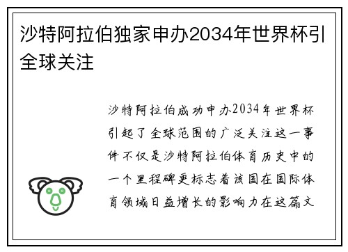 沙特阿拉伯独家申办2034年世界杯引全球关注 沙特阿拉伯独家申办2034年世界杯引全球关注